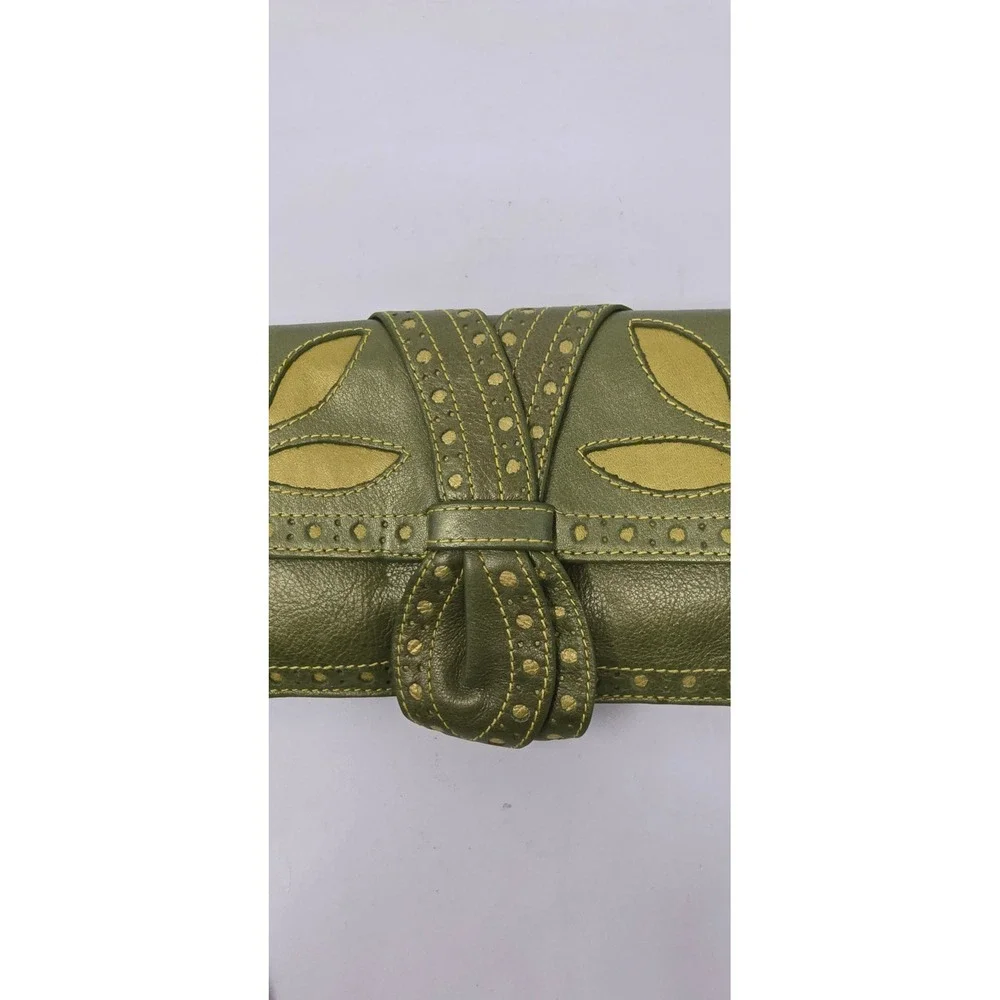 Vtg Y2K Isabella Fiore wristlet clutch women green metallic leather w/punch work